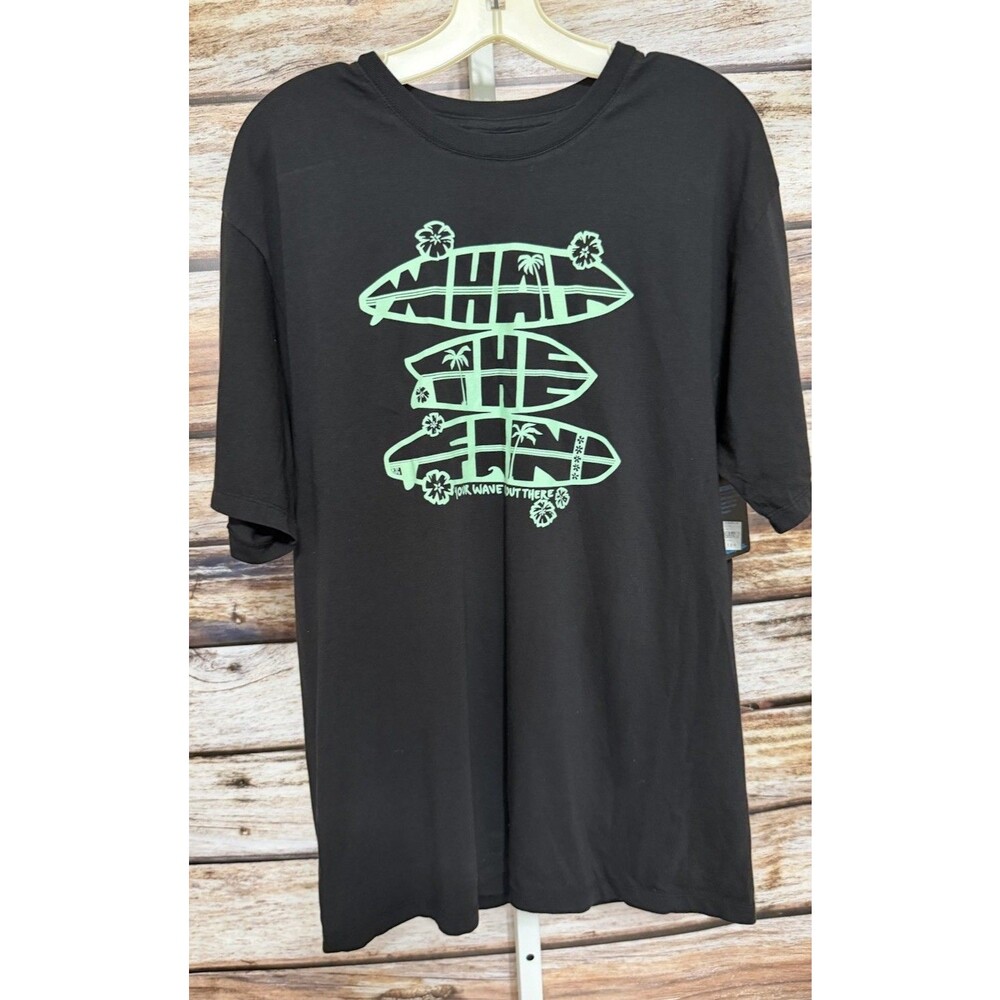 Men's What The Fin Short Sleeve Tshirt Black Green Surfing Sz Large New